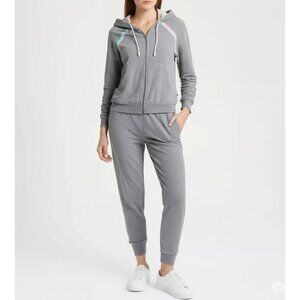 P.J. Salvage Cozy Hoodie Loungewear Gray Heather Rainbow Stripe Zip-Up Women's L